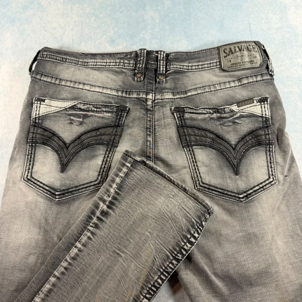 Salvage Havoc Slim Straight Jeans Mens 36 Grey Good Distressed Buckle SLVG